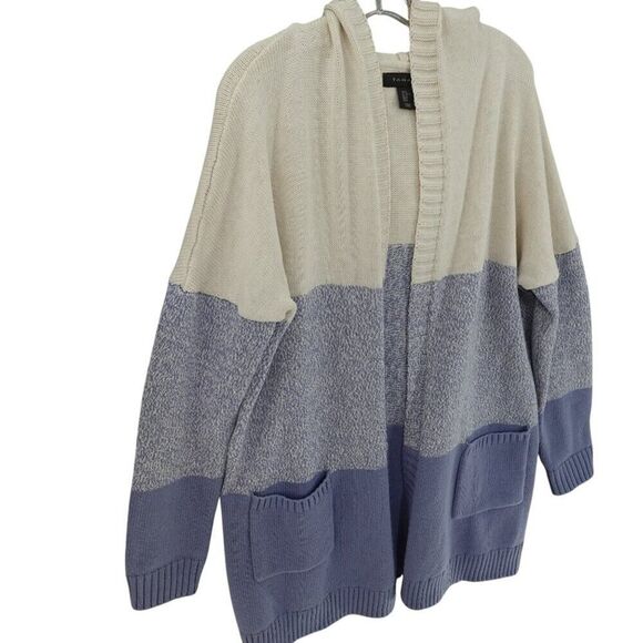 Tahari XL Blue Cream Colorblock Hooded Cardigan - Picture 2 of 13